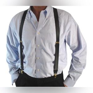 MENS SUSPENDERS, NWOT, IN SATIN BLACK FINISH WITH GOLD CLIPS.